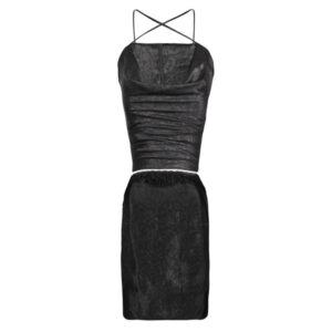 black self design satin cowl neck slip crop top with detailed lace ruched skirt